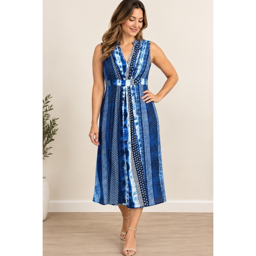 Chico's Women's 0.5 US 6 Blue Patchwork Sleeveless Midi Dress Boho